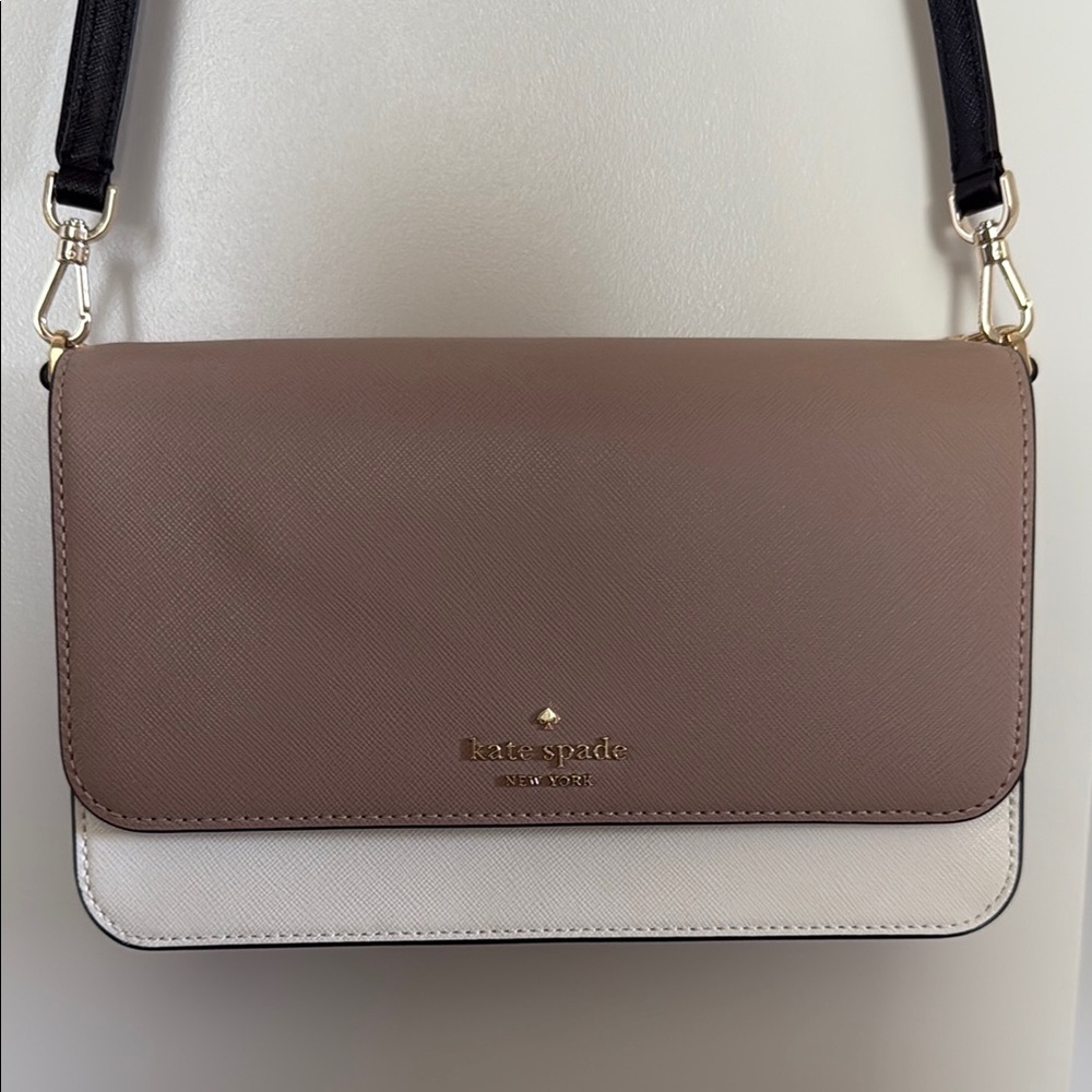 Kate Spade Brown and White Crossbody Bag with Flap Closure